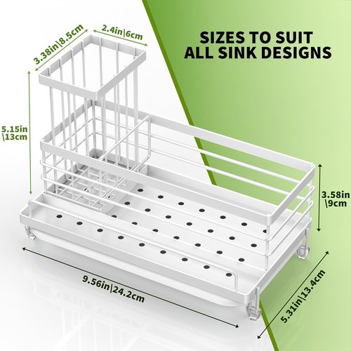 Cisily Stainless Steel Kitchen Sink Caddy - Rustproof Organizer with Non-Slip Soap Dish & Sponge Holder | White