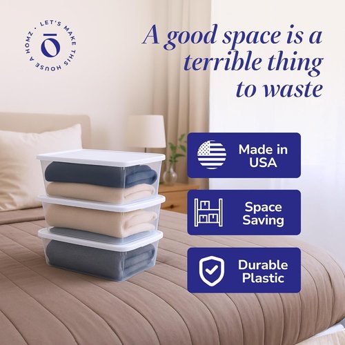 HOMZ 10-Pack Snaplock Storage Organizer Bins - Clear Plastic Containers with Lids, 6 Quart, White | Stackable for Home & Office