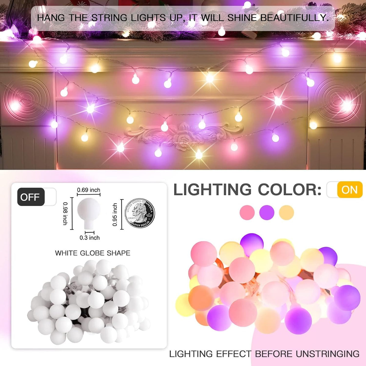Suddus Globe String Lights - 100 LED Waterproof Colorful Lights with Remote for Outdoor & Indoor Use