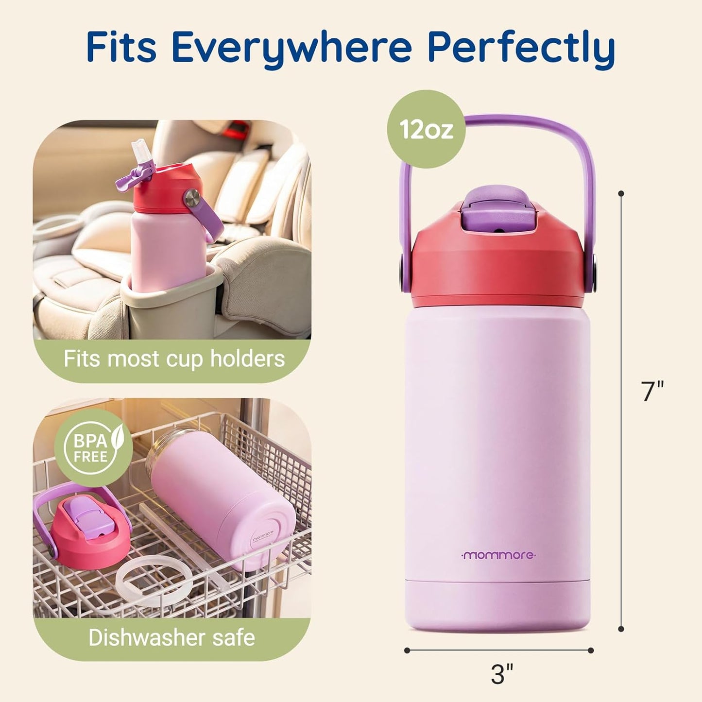 Mommore Kids Water Bottle - 12 oz Insulated Stainless Steel, Leakproof & BPA-Free, Dinosaur Design