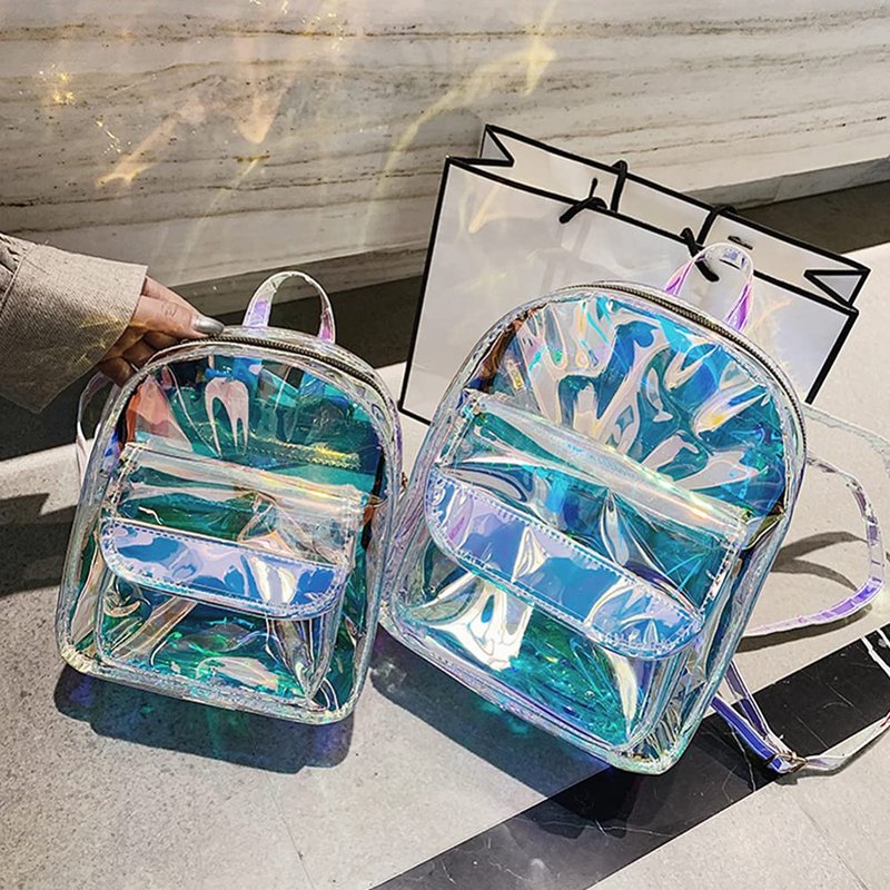 Abaodam Shiny Iridescent Backpack for Women Lightweight Transparent Holographic Travel Bag Small Student Bookbag 9X4X11 Inches