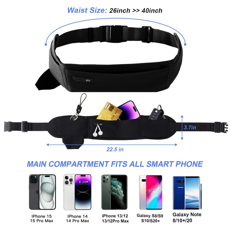 Running Hydration Belt with Water Bottle Holder, Phone Storage, Black