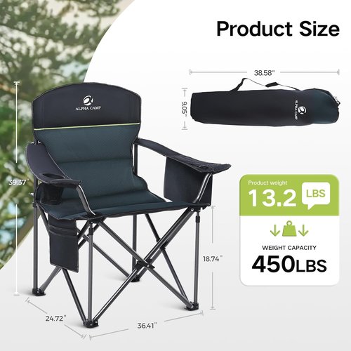 Green Party Folding Camping Chair - Oversized Heavy Duty Lawn Chair with Cooler Bag & Cup Holder | Collapsible Padded Arm Chair