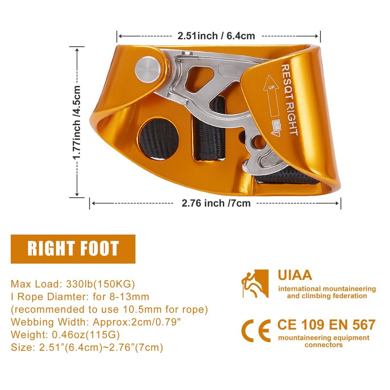 RESQT Foot Ascender, Outdoor Rock Climbing Tree Arborist, Mountaineering Rappelling Equipment Climbing Device for 8-13mm Rope（Left Black+Right Orange）
