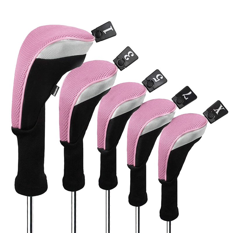 Andux 5pcs/Set Mesh Golf 460cc Driver Fairway Wood Club Head Covers Long Neck with No. Tags Black/Pink