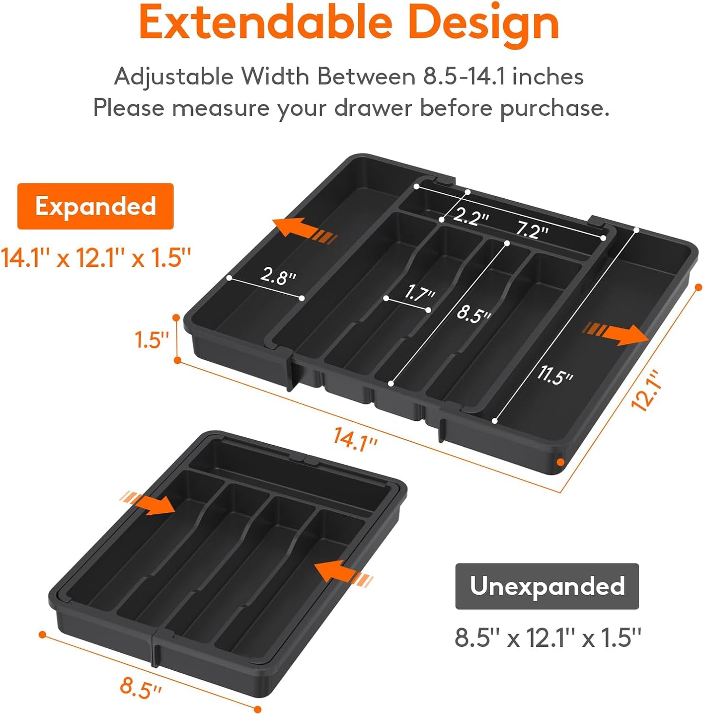 Lifewit Drawer Organizer Set - Expandable Plastic Storage for Silverware & Cooking Utensils | BPA-Free, Black