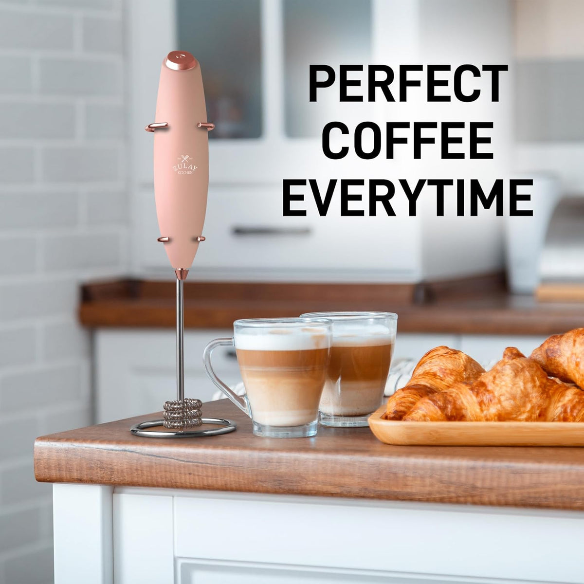 Zulay Kitchen Tornado Triple Whisk Milk Frother - Handheld Foam Maker for Coffee & Lattes | Includes 4 Duracell Batteries - Rose Peach