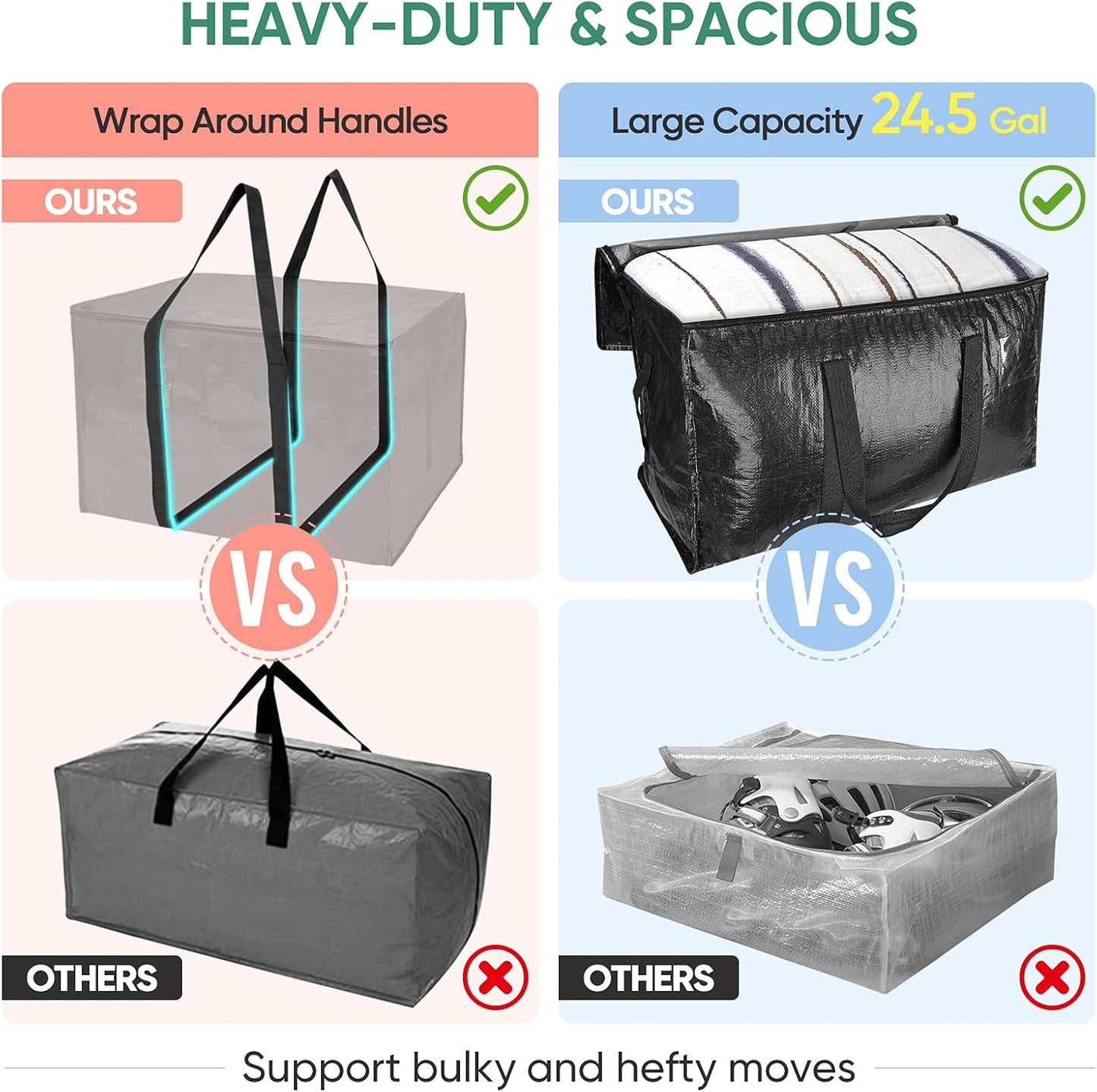 BALEINE 6-Pack Heavy-Duty Oversized Moving Bags - Reinforced Handles for Clothes Storage (Black)