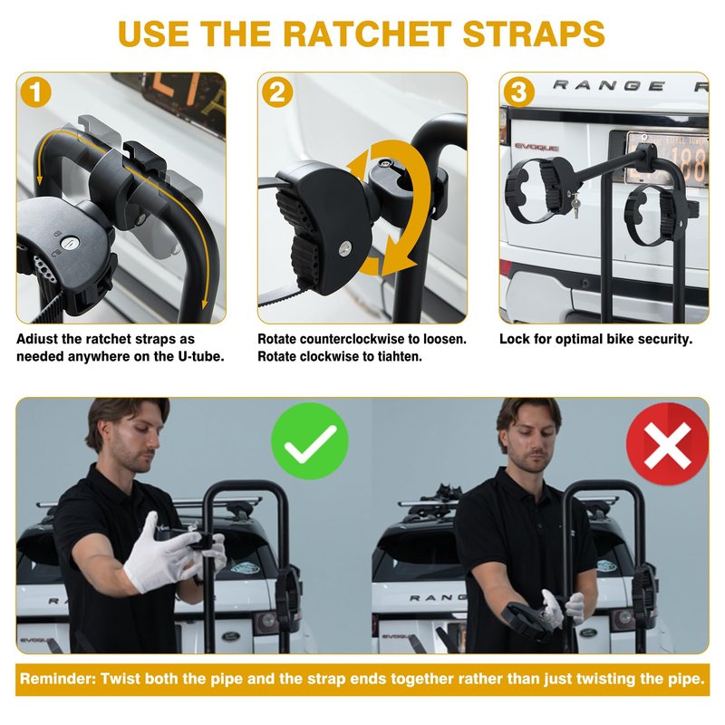 2-Pack Adjustable Lockable Ratchet Straps Frame Holders with Soft Rubber Padding and Keys for E-Bike Carriers and Bike Racks