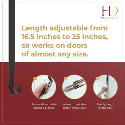 Haute Decor Adjustable Length Over The Door Wreath Hanger Hook - 2-Pack | Strong Matte Black, Holds Up to 20 lbs.