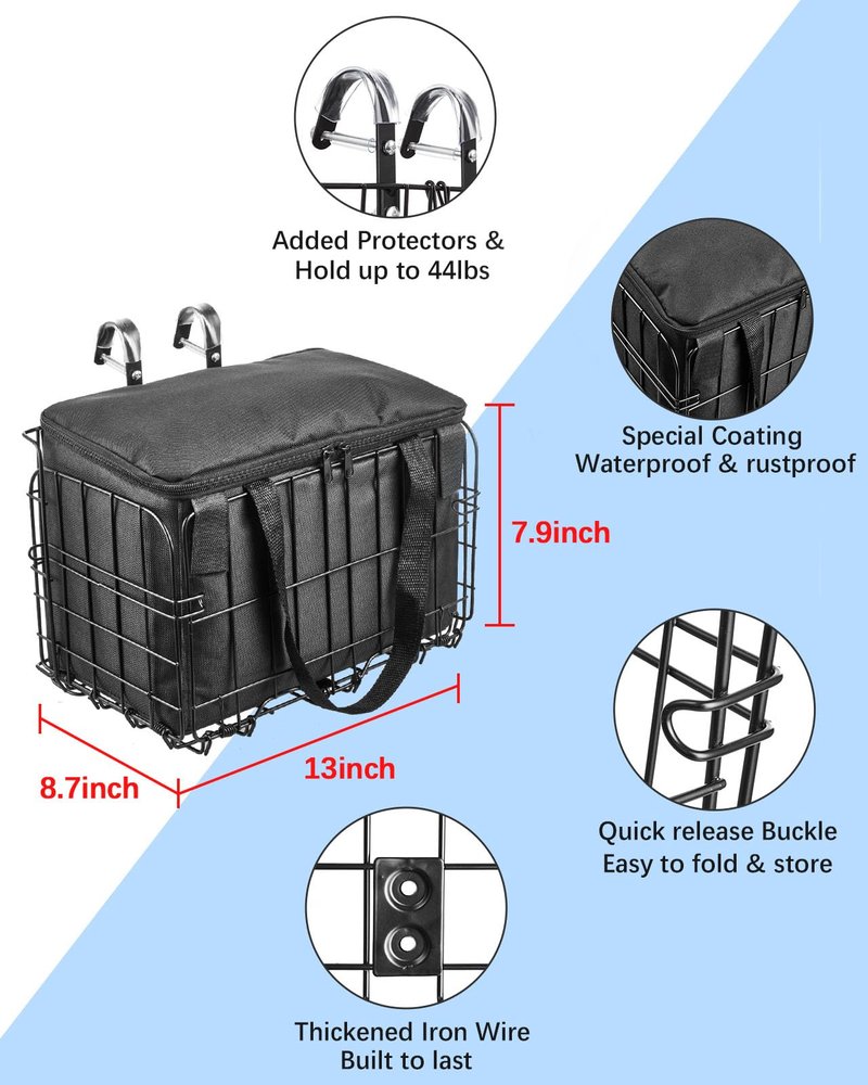 Zacro Metal Bike Basket Front Large Folding Ebike Bicycle Basket with Removable Liner Bag, Quick Release Design for Adult Women/Men Carrying Dogs, Pets, Fruit & Grocery