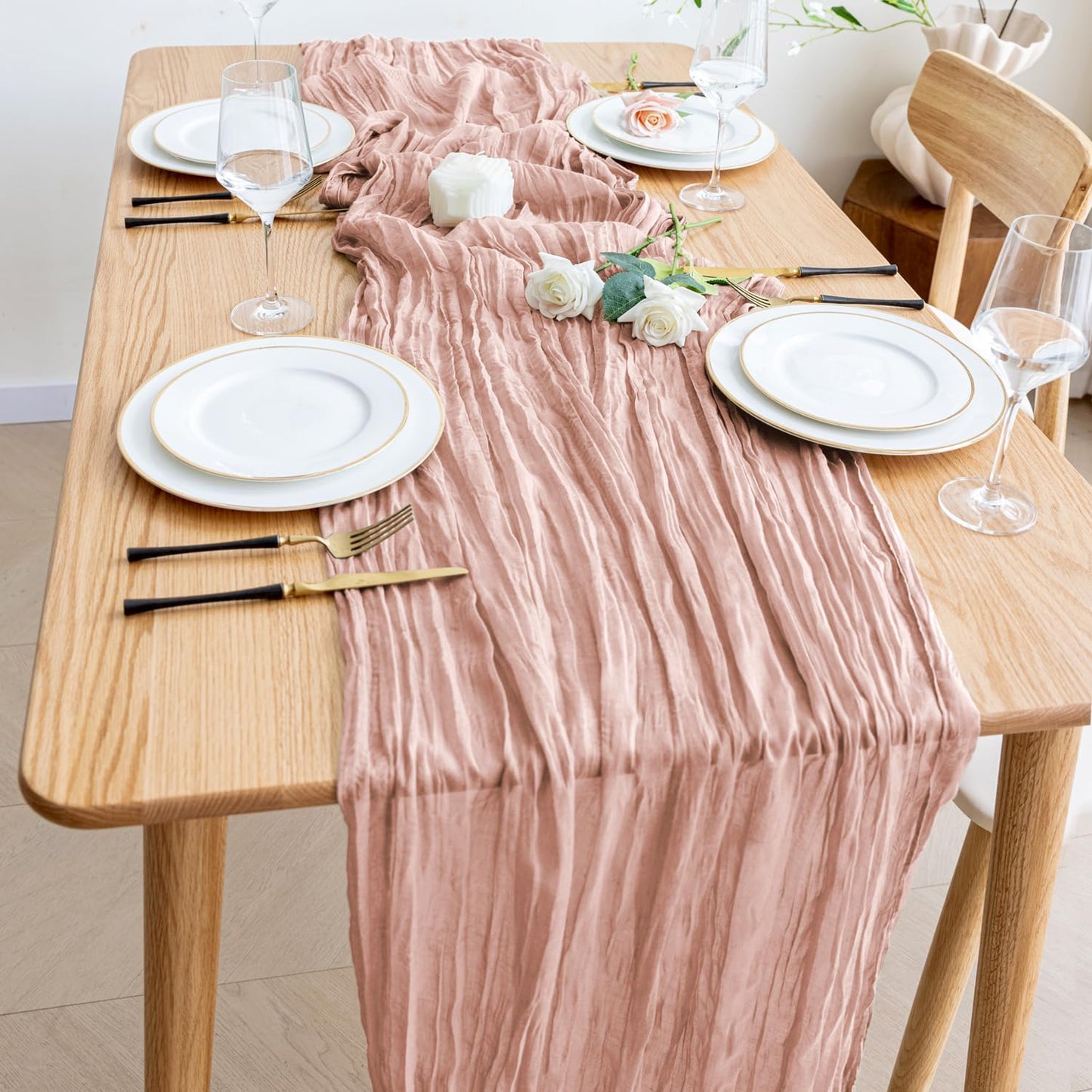 Wokceer Dusty Pink Cheesecloth Table Runner - 10FT Boho Style for Easter & Bridal Showers | Rustic 120-Inch Decor