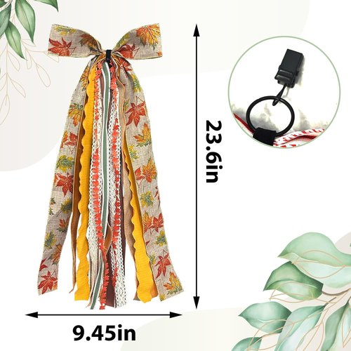 Fall Ribbon Bow - Large Orange Maple Leaves Fabric Ribbons Set | Assorted Lace Clip-On Wreath Decor