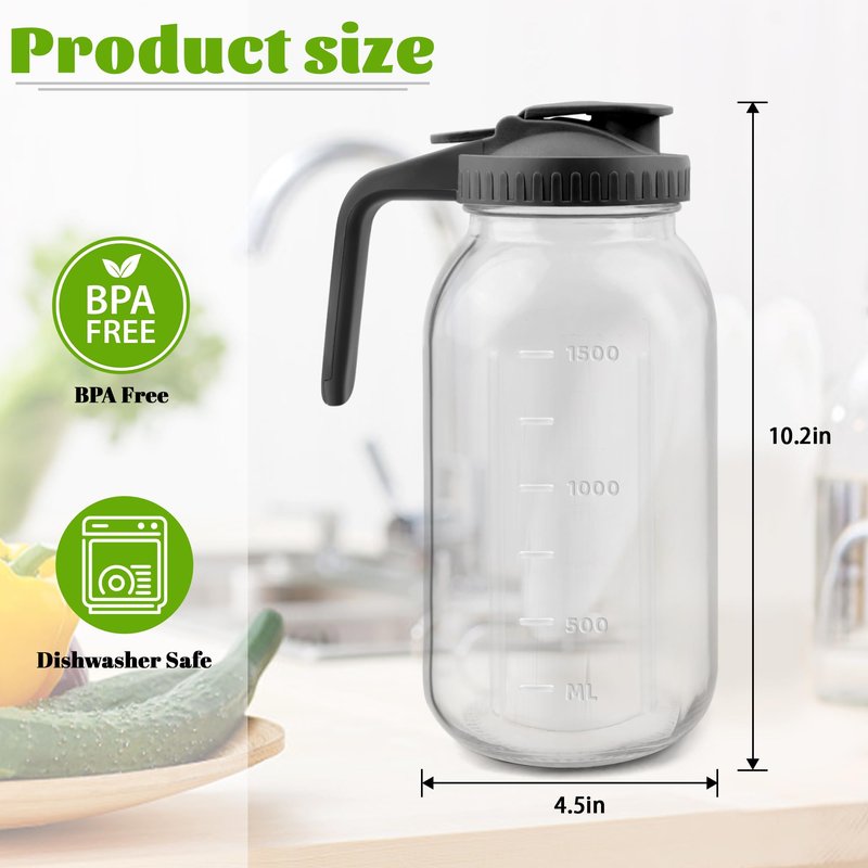 64 Oz Glass Pitcher with Lid, 2 Quart Heavy Duty Cold Brew Pitcher, Leak-Proof, Wide Mouth Mason Jar with Pouring Airtight Lid,Ideal for Fridge Storage