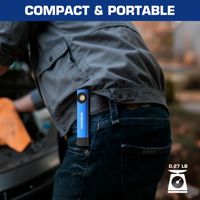 WORKPRO Rechargeable Work Light, 600 Lumens Flat Pocket Flashlight with UV Light, Magnetic Base & Clip, Slim LED EDC Flashlight for Garage, Camping, Home, and Emergencies