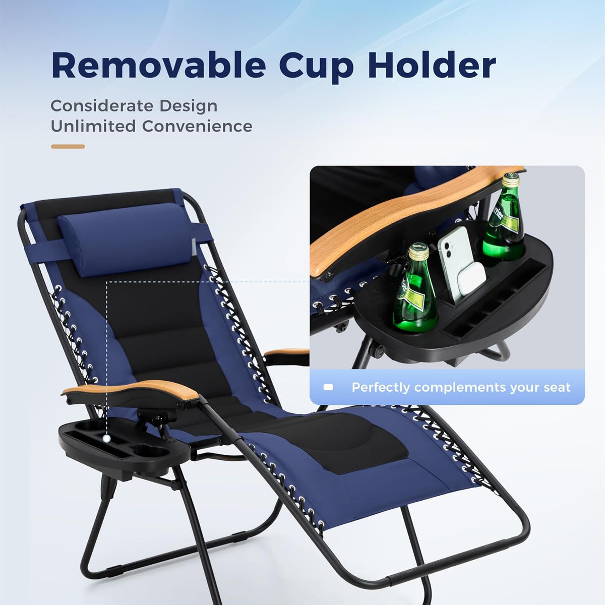 MAISON ARTS Oversized XXL Padded Zero Gravity Chair Set of 2 | 30" Wide Foldable Patio Recliner, Supports 400lbs, Blue