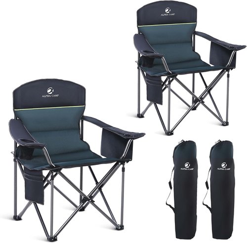 Green Party Folding Camping Chair - Oversized Heavy Duty Lawn Chair with Cooler Bag & Cup Holder | Collapsible Padded Arm Chair