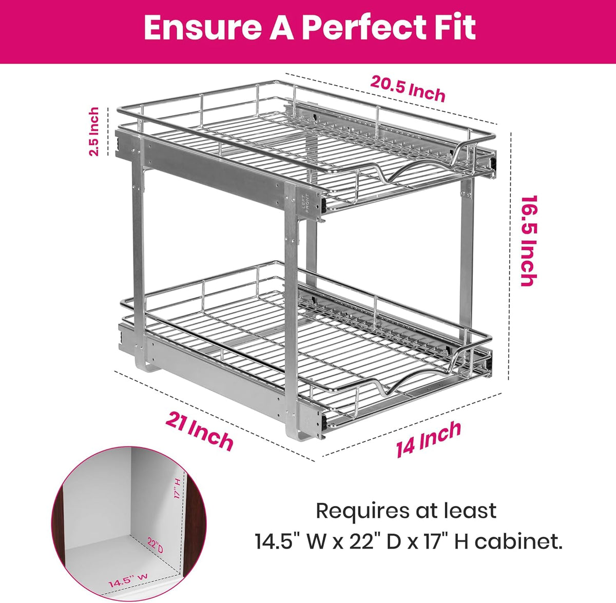 2-Tier Cabinet Organizer by [Brand Name] - Heavy-Duty Steel Frame with Full-Extension Shelves | Easy Install for Kitchen & Pantry, 14" W x 21" D x 16.5" H