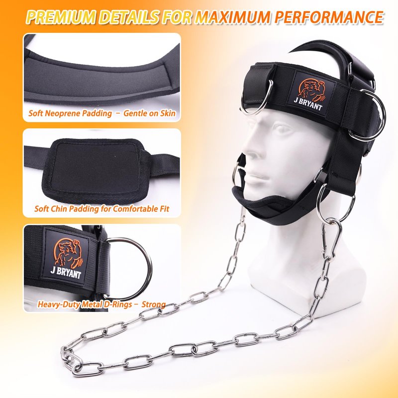 Adjustable Neck Harness for Resistance Bands & Weightlifting, Head Strap with 6 D-Rings for Multi-Directional Neck Training, Padded Chin Support for Athletes & Rehab Exercises