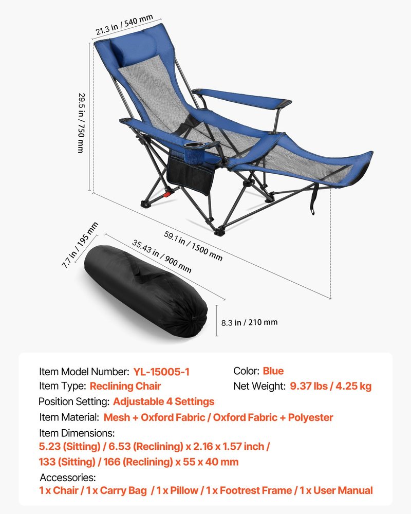 VEVOR 2-in-1 Reclining Camping Chair with Footrest for Adults, 4 Adjustable Positions, Portable Folding Lounger, Lightweight Mesh Beach Chair Supports 220lbs, Heavy Duty Camp Chairs Outdoor, Blue