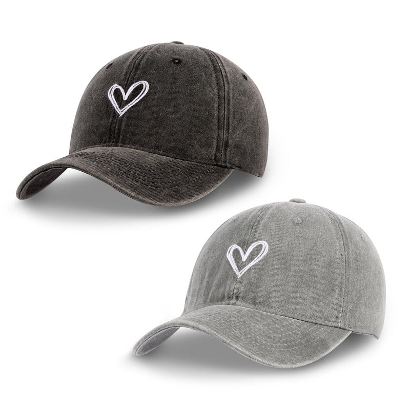 ANLIOTO 2 Pack Heart Baseball Caps for Women Men, Cute Adjustable Washed Sun Hats for Outdoor Running Golf Black Grey