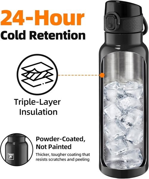 Fanhaw Daylite Series 24 oz Insulated Stainless Steel Water Bottle - Leakproof Design, Glossy Black
