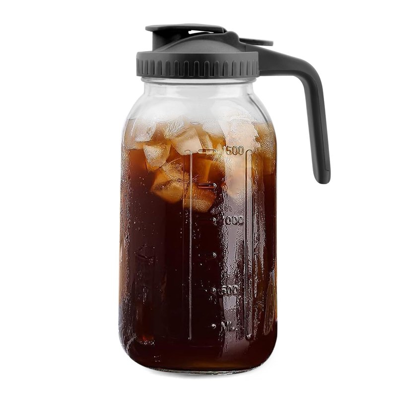 64 Oz Glass Pitcher with Lid, 2 Quart Heavy Duty Cold Brew Pitcher, Leak-Proof, Wide Mouth Mason Jar with Pouring Airtight Lid,Ideal for Fridge Storage