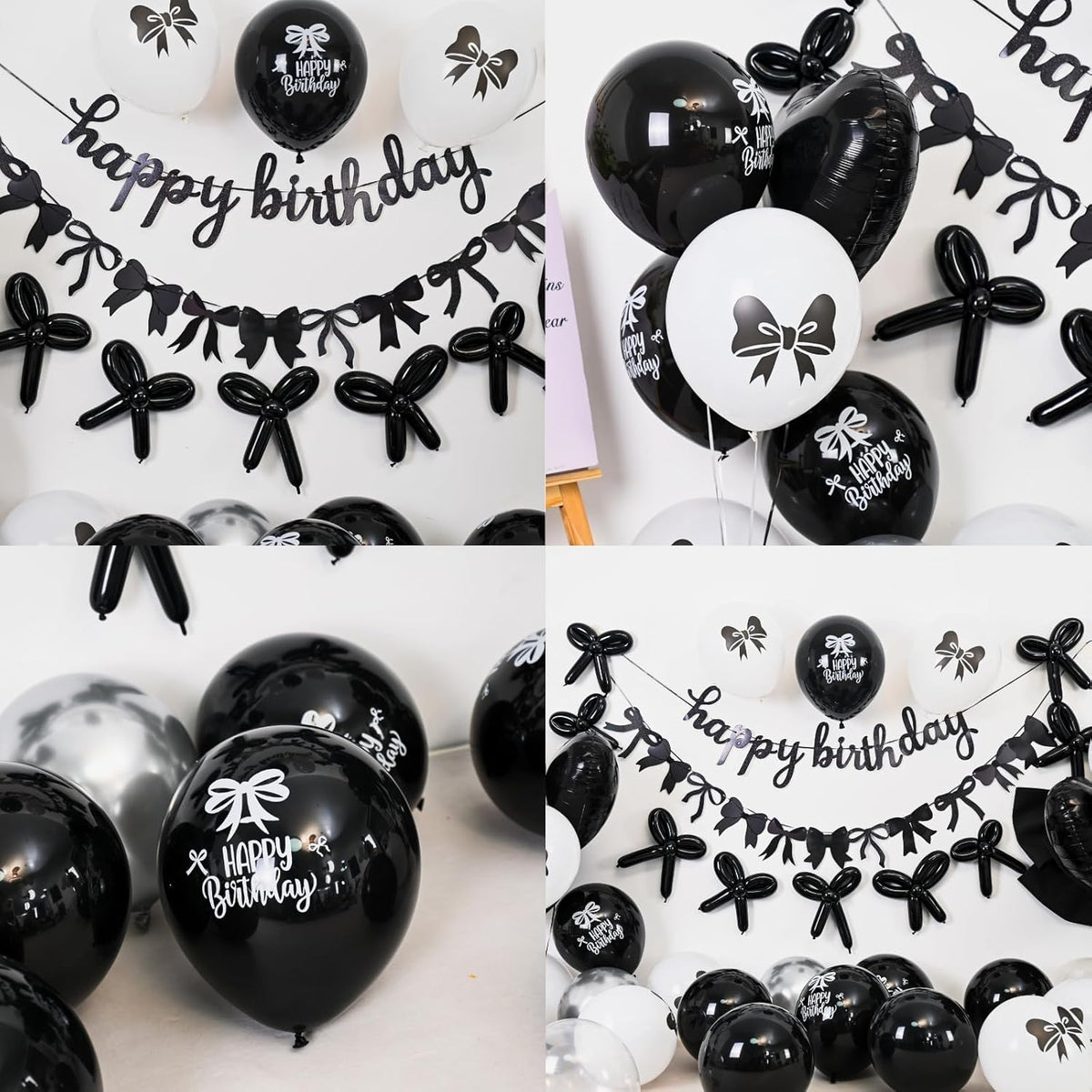 Skiennix Black Bow Birthday Decorations - Coquette Party Set with Happy Birthday Banner & Heart Foil Balloons