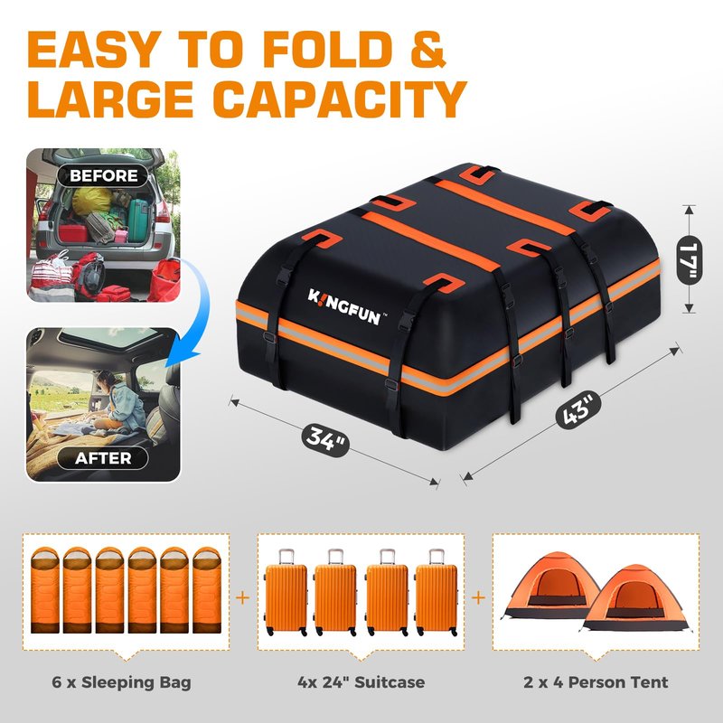 Kingfun Car Rooftop Cargo Carrier Bag, Waterproof 20 Cubic Feet Car Roof Luggage Carrier for All Vechicles with/Without Racks, Includes Anti-Slip Mat, 8 Reinforced Straps, 6 Door Hooks, Luggage Locks