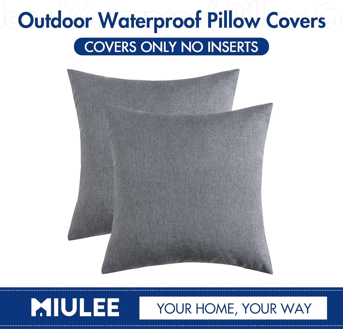 MIULEE Decorative Outdoor Throw Pillow Covers - Waterproof Faux Linen Euro Sham | 24x24 Inch Dark Grey (Pack of 2)