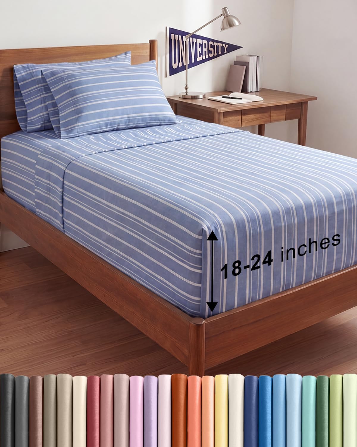 Skiennix Extra Deep Twin XL Sheet Set - 4-Piece Breathable Cooling Bedding - Soft Wrinkle-Free Blue Stripes