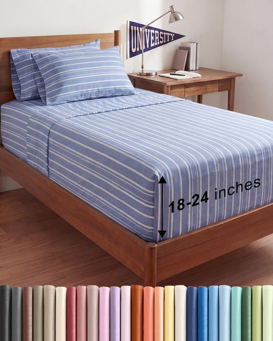 Skiennix Extra Deep Twin XL Sheet Set - 4-Piece Breathable Cooling Bedding - Soft Wrinkle-Free Blue Stripes