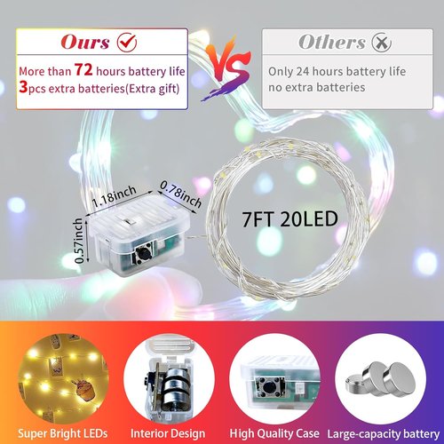 Fairy Lights | 7Ft 20 LED Twinkle String Lights - Battery Operated & Waterproof for Parties, Weddings & Decor (Rainbow-Pastel, 24 Pack)