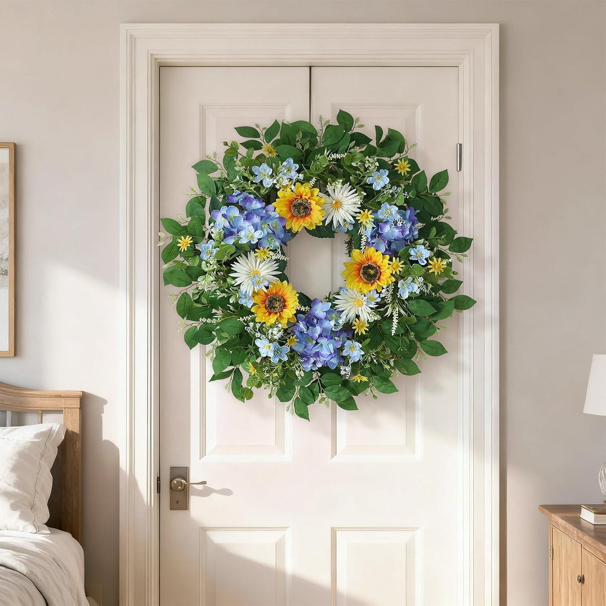 Large 26" Artificial Flower Wreath by [Brand Name] - Lifelike Sunflowers & Blue Hydrangeas for Spring/Summer Home Decor