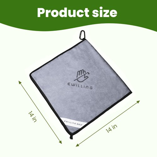 EWILLING Premium Microfiber Golf Towel (14"x14"), Dual Layer Design with Carabiner Clip, Heavy Duty Golf Towel for Cleaning Golf Clubs & Balls, Essential Golf Accessories for Men & Women(Grey)