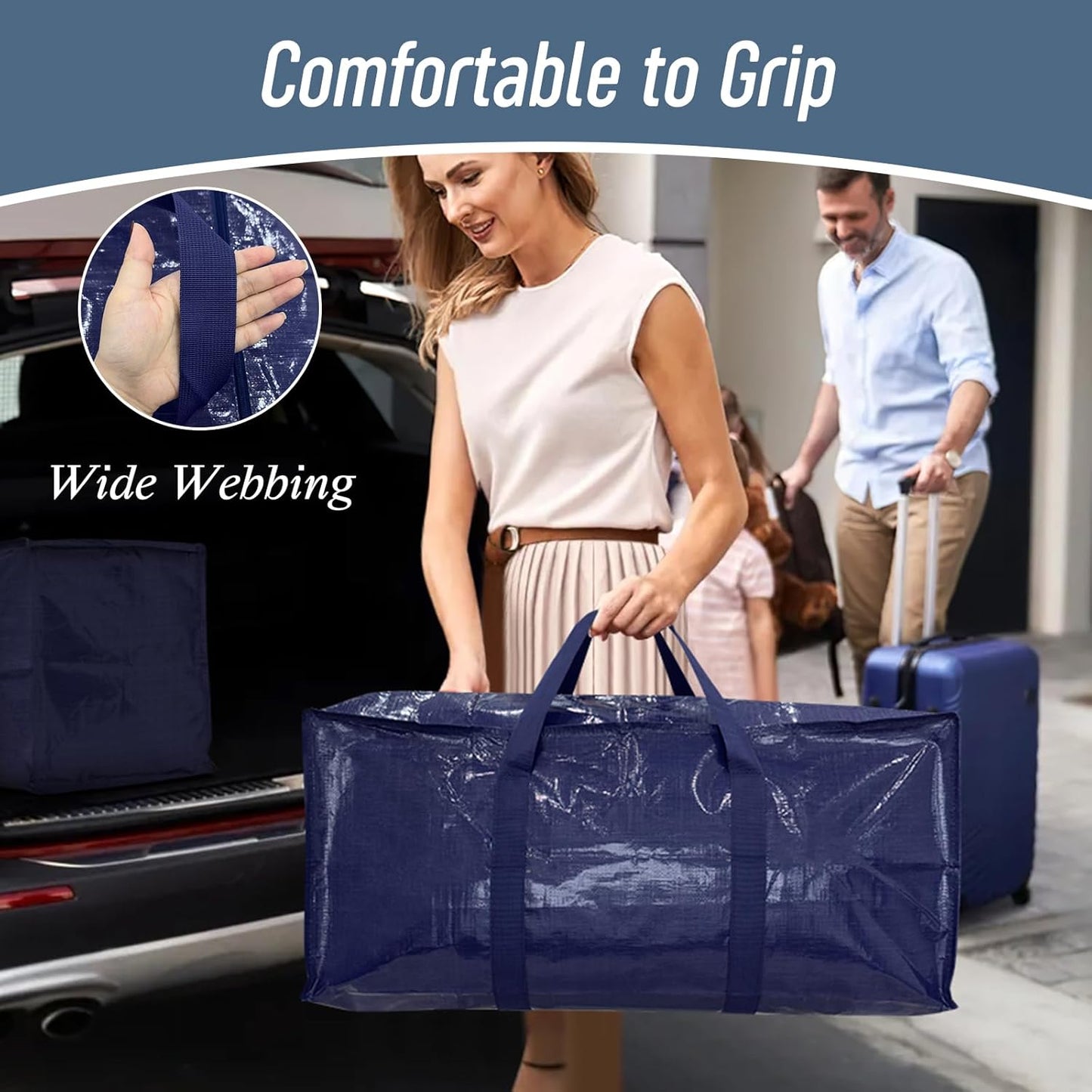 Skiennix Extra Heavy Duty Moving Bags - 12 Pack with Strong Zipper & Comfortable Handles | Dark Blue Storage Totes