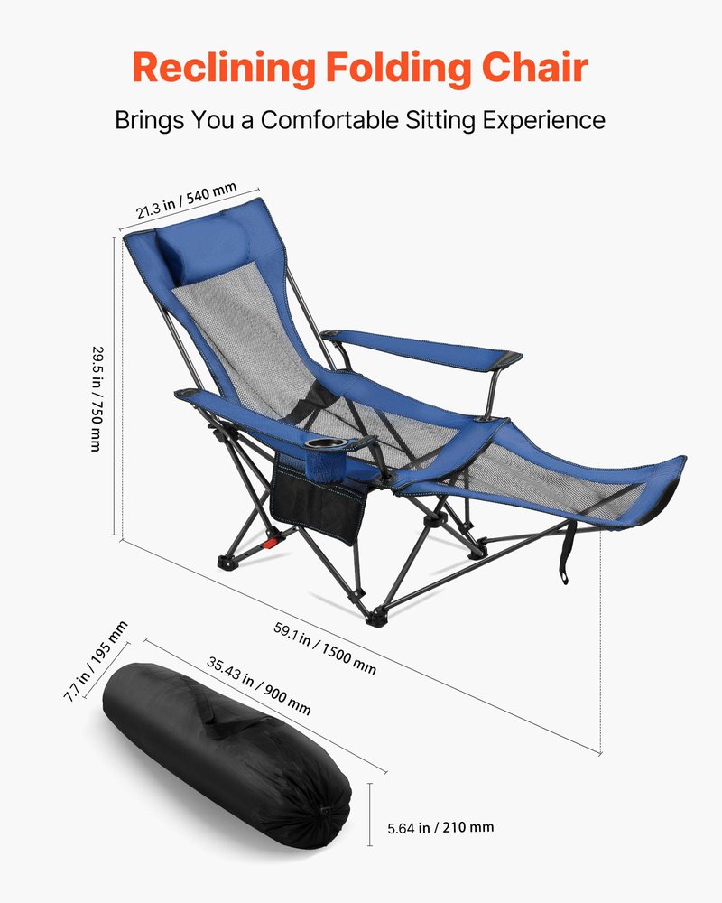 VEVOR 2-in-1 Reclining Camping Chair with Footrest for Adults, 4 Adjustable Positions, Portable Folding Lounger, Lightweight Mesh Beach Chair Supports 220lbs, Heavy Duty Camp Chairs Outdoor, Blue