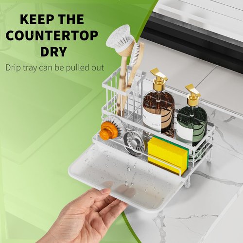 Cisily Stainless Steel Kitchen Sink Caddy - Rustproof Organizer with Non-Slip Soap Dish & Sponge Holder | White