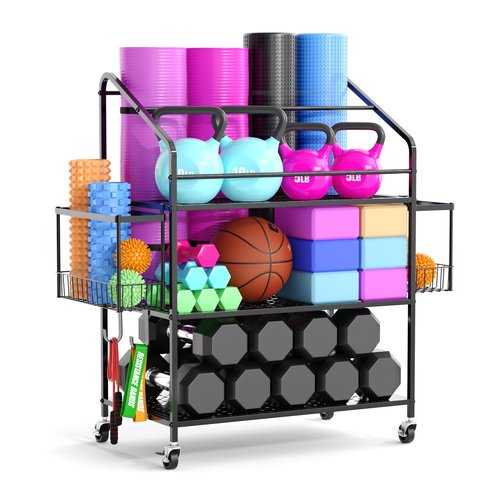 Houseables Workout Equipment Storage, Exercise Equipment Storage, Home Gym Organizer, Weight Rack for Home Gym, Kettlebell Rack, Weight Dumbbell Holder Cart, Yoga Organization Shelf, Rolling, 3 Tier