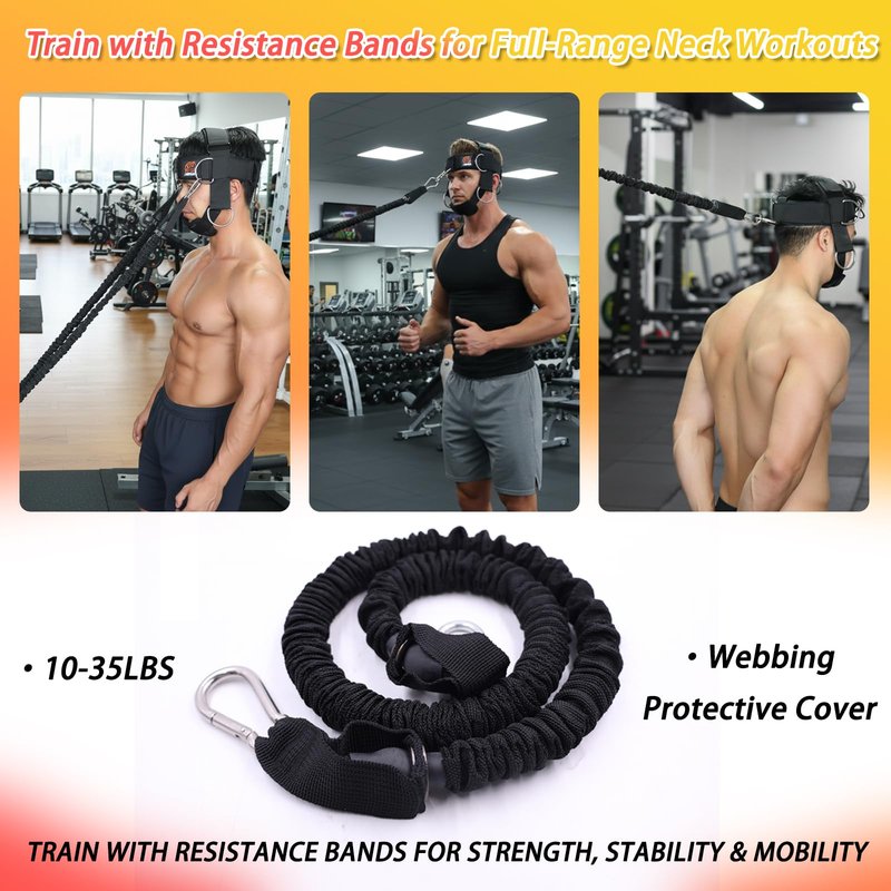 Adjustable Neck Harness for Resistance Bands & Weightlifting, Head Strap with 6 D-Rings for Multi-Directional Neck Training, Padded Chin Support for Athletes & Rehab Exercises