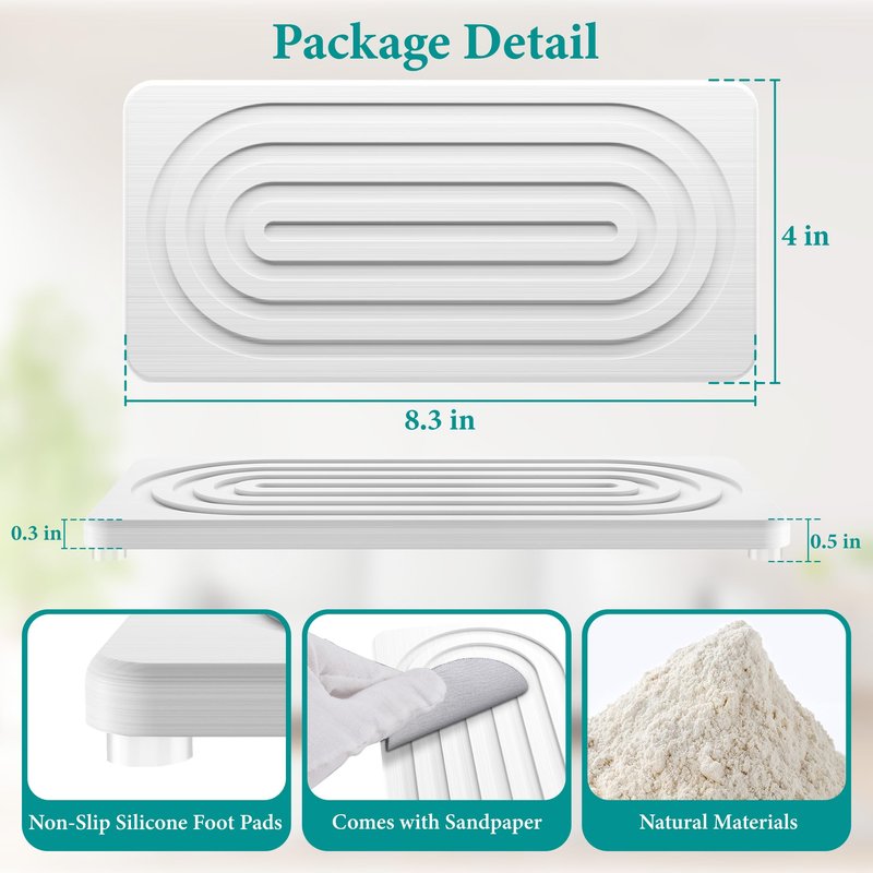 MAGKOTA Water Absorbing Stone Tray, Quick Drying Diatomite Bathroom Tray Countertop, Stone Drying Mat for Kitchen Counter, Soap Dish Dispenser Vanity Organizer, White-A-8.3" x 4"