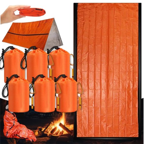 Dzronda Emergency Sleeping Bag with Whistle, Portable Emergency Survival Bag, Lightweight Pocket Size Emergency Sleeping Bag, Waterproof Thermal Bivy Sack for Camping, Hiking (6 Pack + Whistle)
