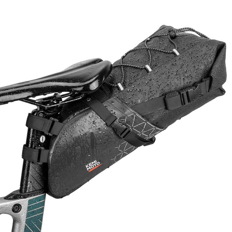 KEMIMOTO Bike Seat Bag, Expandable 11L Saddle Pouch Fully Waterproof Bikepacking, Road Bicycle Rear Pack Under Seat with PVC Reflective Panel, Four Bottom Hardboards
