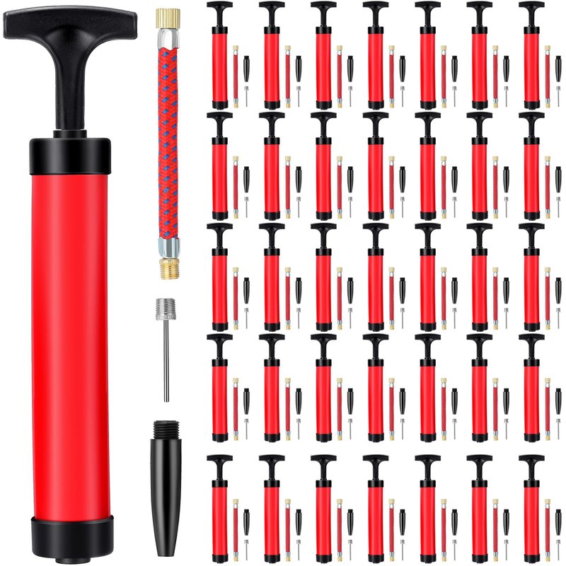 50 Set Ball Pump Kit Portable Hand Air Ball Pump for Sports Balls Inflator with Needle Extension Hose Soccer Pump for Football Basketball Volleyball Water Balloon Christmas Child Shoeboxes, Red