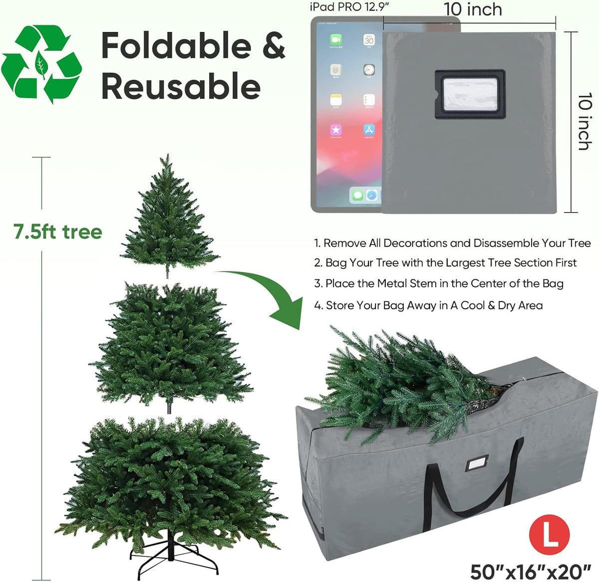 BALEINE Christmas Tree Storage Bag - Heavy Duty Extra Large with Reinforced Handles & Dual Zippers | Gray, 7.5 ft