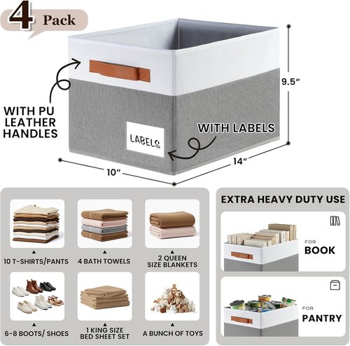 Criusia Large Closet Storage Baskets - 4 Pack Decorative Collapsible Organizers with Handles & Labels for Home