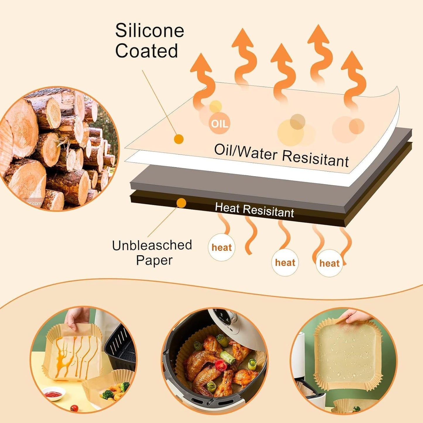 Skiennix Air Fryer Paper Liners - 400 Pcs Heavy-Duty Non-Stick Parchment, 6.5" Square for 2-4 Qt Baskets