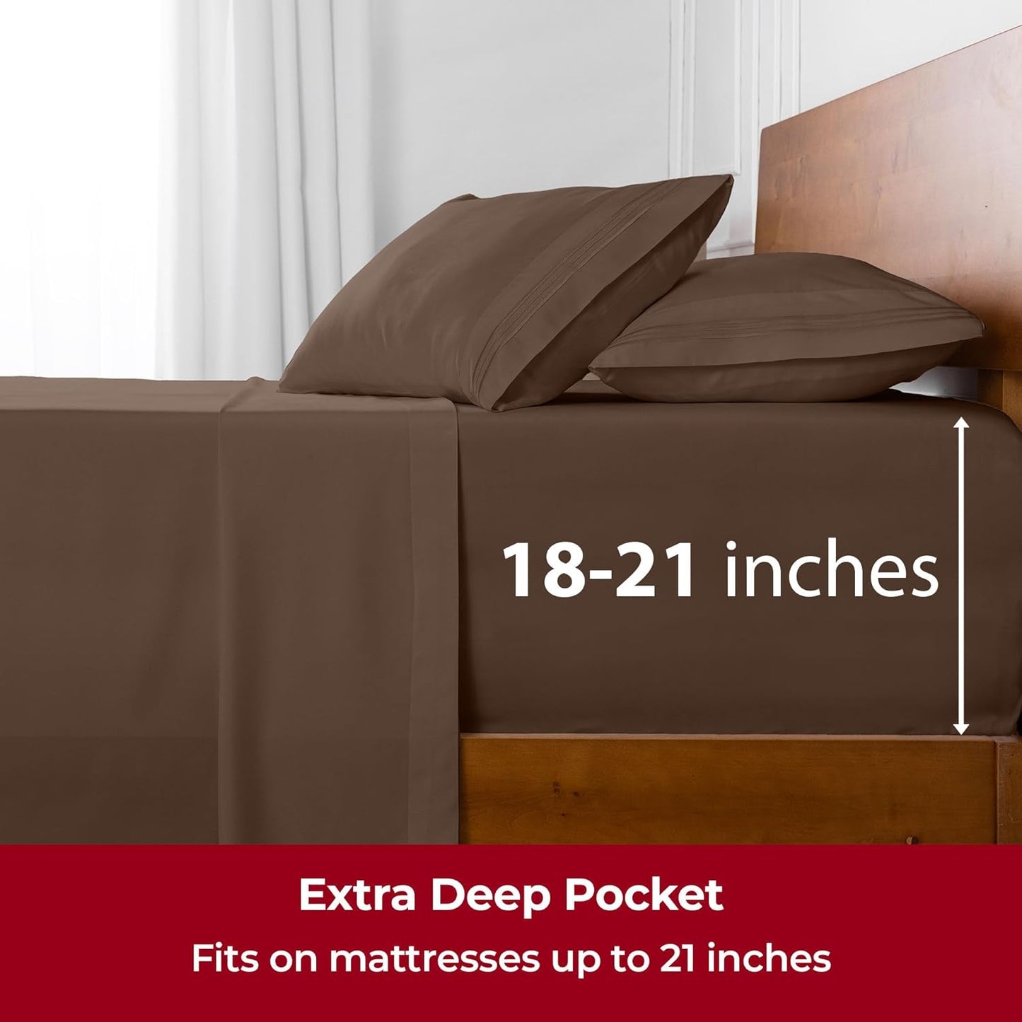 Mellanni Extra Deep Split King Sheets - Hotel Luxury Bedding Set | Ultra Soft, Cooling, Stain Resistant (Brown)