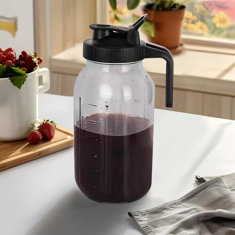 64 Oz Glass Pitcher with Lid, 2 Quart Heavy Duty Cold Brew Pitcher, Leak-Proof, Wide Mouth Mason Jar with Pouring Airtight Lid,Ideal for Fridge Storage
