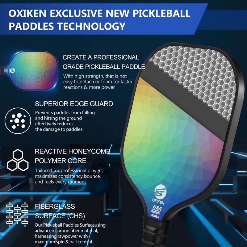 SS OXIKEN Pickleball Paddles Set of 2, USAPA Approved Carbon Fiber Pickle Ball Paddle (CHS) Polypropylene Honeycomb Core, Anti Slip Sweat Absorbing Grip, 2 Outdoor Pickleball, 2 Indoor Pickleball, Bag